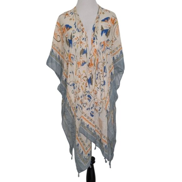 Woven Heart Floral Duster Kimono Womens One Size Blue Fringe Lightweight Boho - Picture 1 of 11